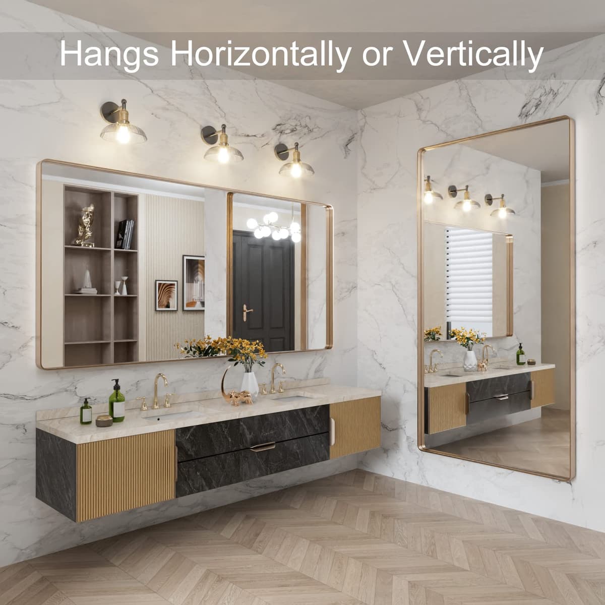 LOAAO 72”X36” Gold Bathroom Mirror, Rounded Rectangle Gold Frame Mirror, Brushed Gold Bathroom Vanity Mirror Wall-Mounted, Anti-Rust, Tempered Glass, Hangs Horizontally or Vertically — view 4