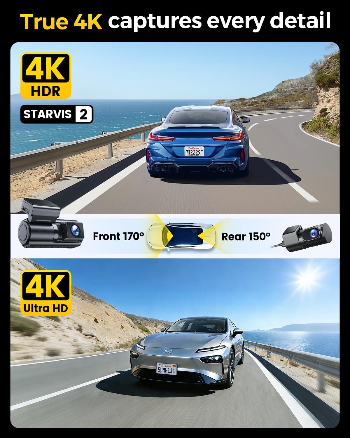GKU 4K+4K Dash Cam Front and Rear, STARVIS 2 Sensor, 5.8GHz WiFi 6 Up to 20MB/s Download, HDR Night Vision, Dash Camera for Cars with GPS, Voice Control, 24/7 Parking Mode, 128GB Card Included — view 2