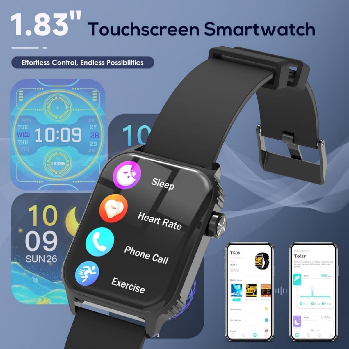 TRAUSI Smart Watches for Women Men, 1.83 inches HD Smartwatch with 120 Sports Modes, Heart Rate/Sleep Monitor, IP67 Waterproof, Bluetooth Call & Music Control for iPhone/Android (Glossy black) — view 5
