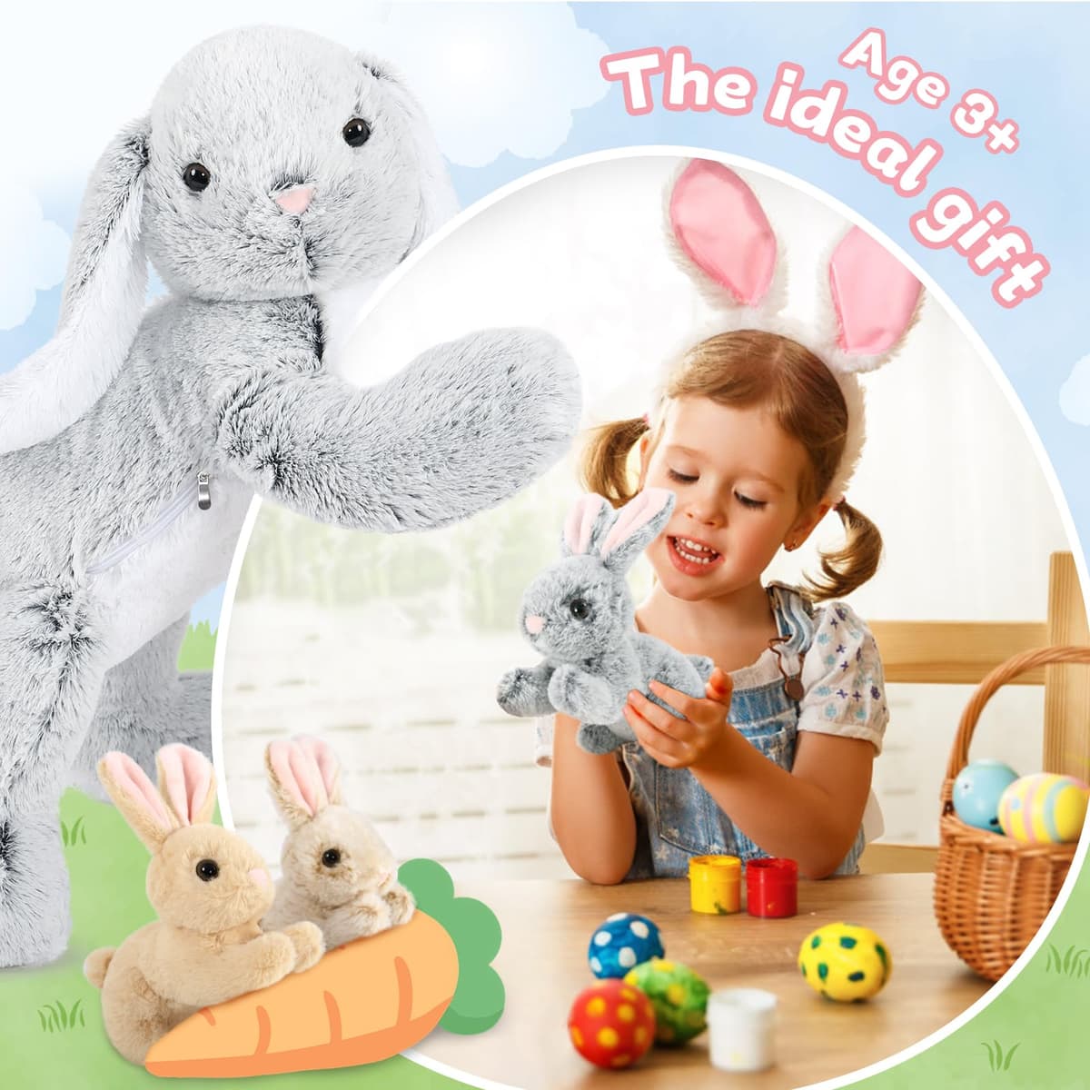 MorisMos Giant Easter Bunny Teddy Soft Toy, 60cm Cuddly Rabbit Teddy with 3 Baby Inside, Big Fluffy Bunny Stuffed Animals Gift for Kids Girlfriend Birthday Easter Decorations — view 8
