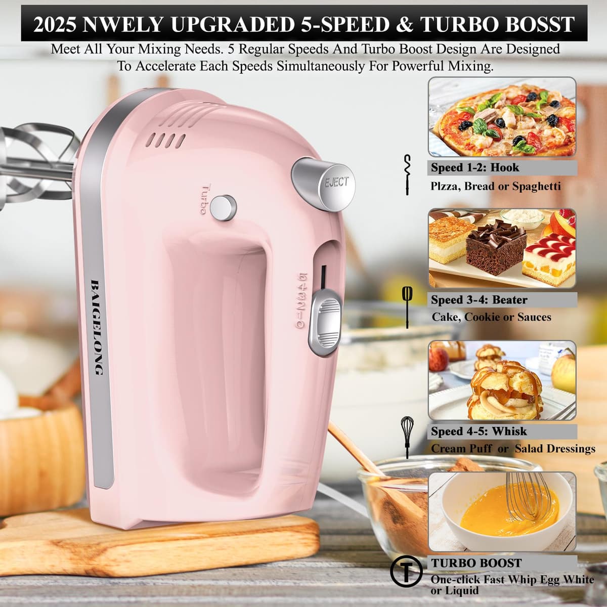 BAIGELONG Hand Electric Mixer, 300W Ultra Power Food Kitchen Mixer with 5 Self-Control Speeds + Turbo Boost, 5 Stainless Steel Attachments Handheld Blender for Baking, PINK — view 2