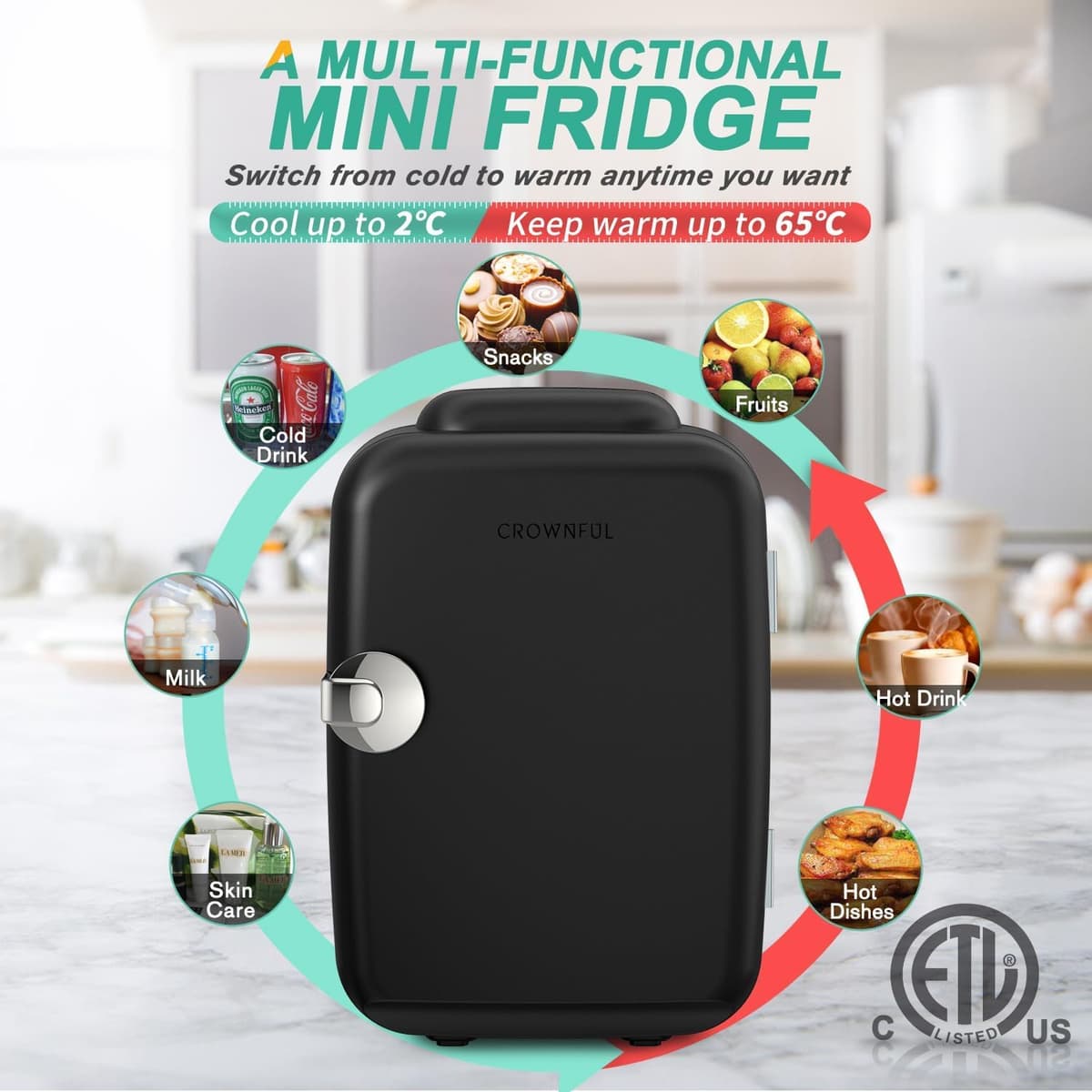 CROWNFUL Mini Fridge, 4 Liter 6 Can Portable Cooler and Warmer, Personal Fridge for Skin Care, Cosmetics, Food, Great for Bedroom, Office, Car, Dorm, ETL Listed (Black) — view 4