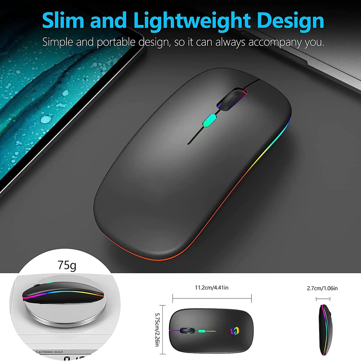 Wireless Mouse Bluetooth & 2.4GHz Dual Mode, Rechargeable RGB Computer Mous e, 800–2400 DPI, USB Mouses, Wireless Mouse for Laptop, Bluetooth Mose for Laptop Accessories — view 5