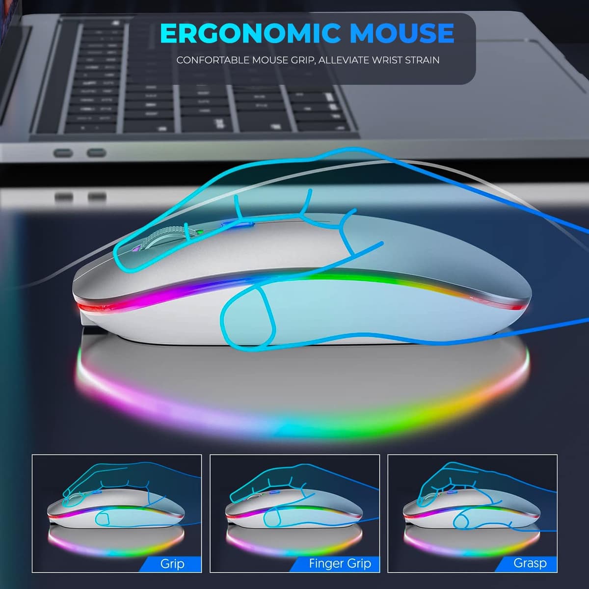 Wireless Mouse for Laptop With 2 USB A to USB C Adapter, 2.4GHZ Bluetooth Mouse Rechargeable, US B Mouse 3 Buttons-Laptop Mouse Wireless PC Mous e 800 to 2400 Dpi, Lapto p Mouse Computer Accessories — view 5