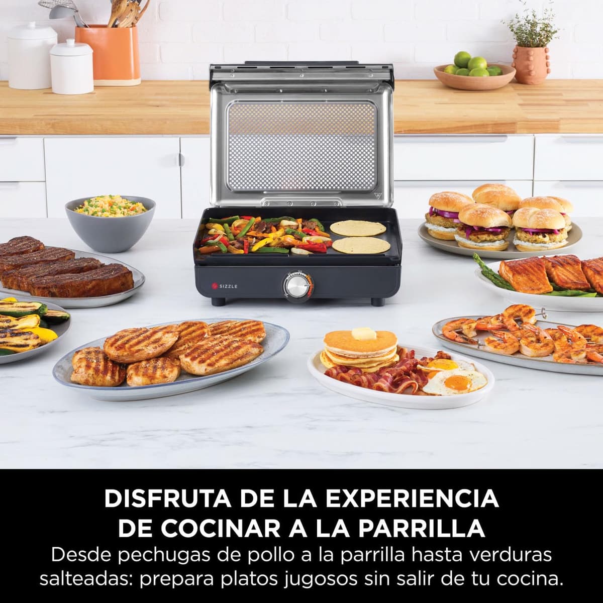Ninja Sizzle Parrilla y plancha de interior eléctrica, dos placas intercambiables antiadherentes aptas para lavavajillla, bandeja para grasa, control de temperatura y guía de recetas, en gris, GR101EU — view 2