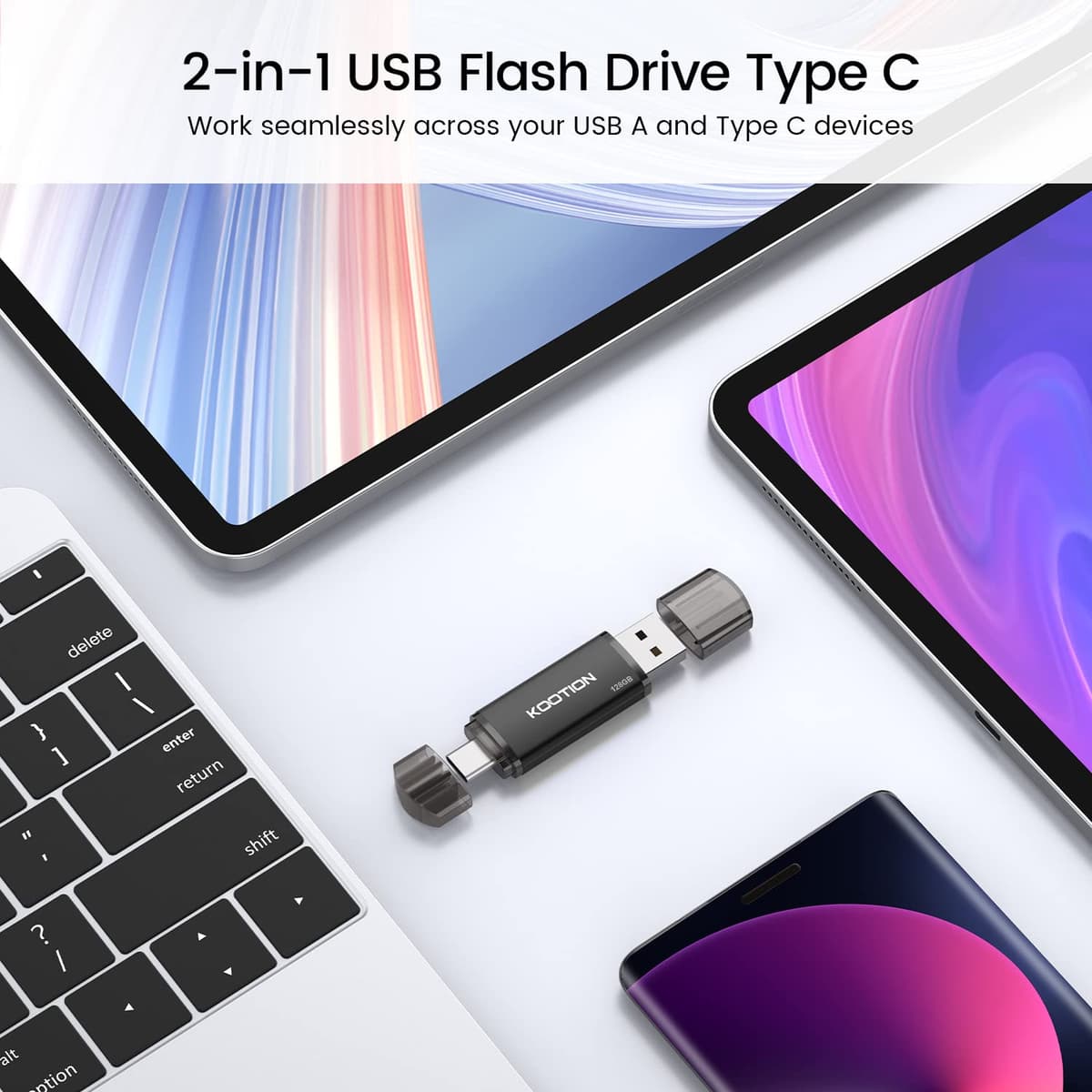 KOOTION Memoria USB de 128 GB, USB C OTG 2.0, 2 en 1, 128 G, Unidad Flash Tipo C Flash Drive 128 Gbyte con Llavero Impermeable para PC/portátil, teléfono móvil Tipo C — view 3