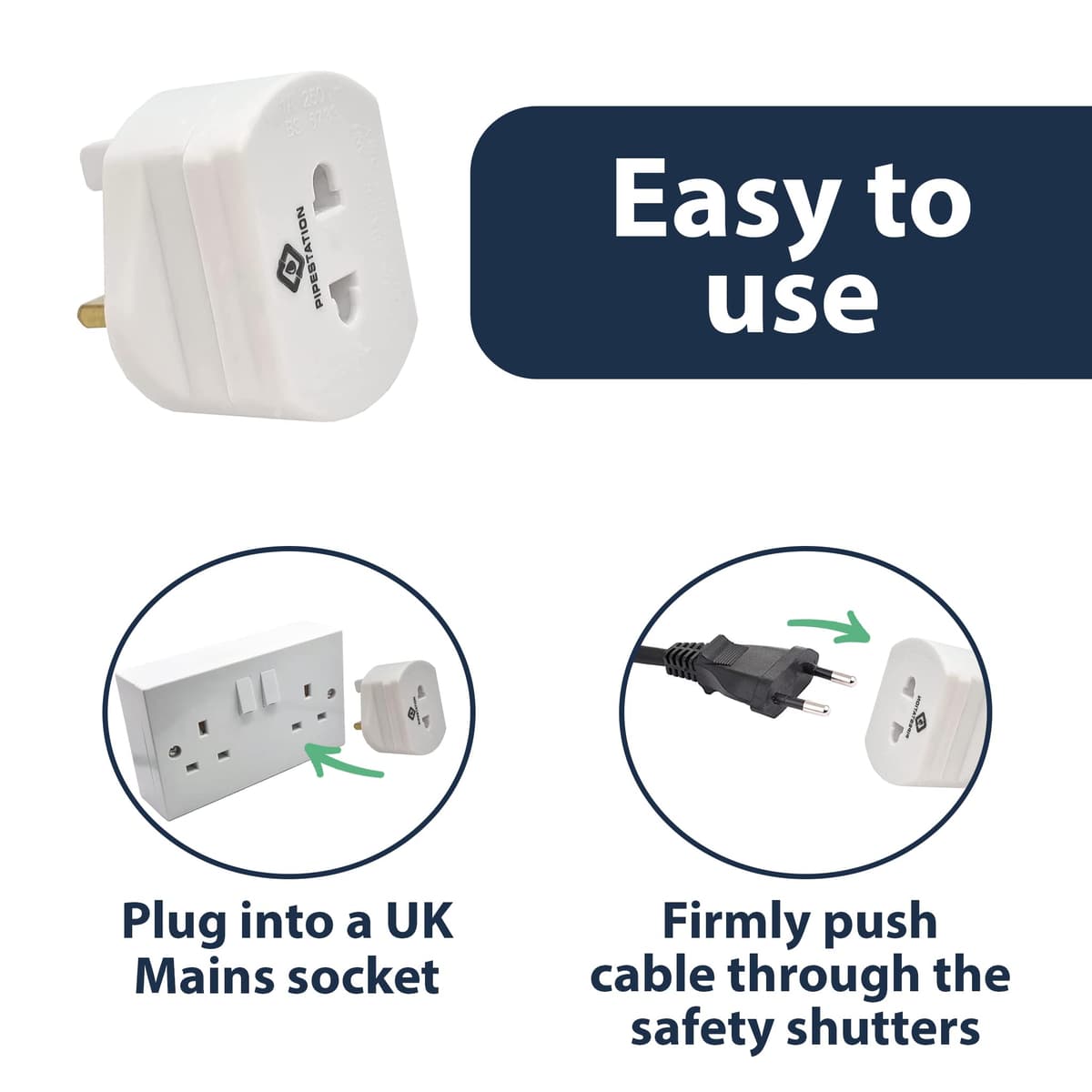 Pipestation Toothbrush and Shaver Adapter Plug UK | European to UK Toothbrush Adapter | European to United Kingdom Adaptor | Tooth-Brush Charger United Kingdom | 2-Pin to 3-Pin Shaver Plug Adaptor — view 3