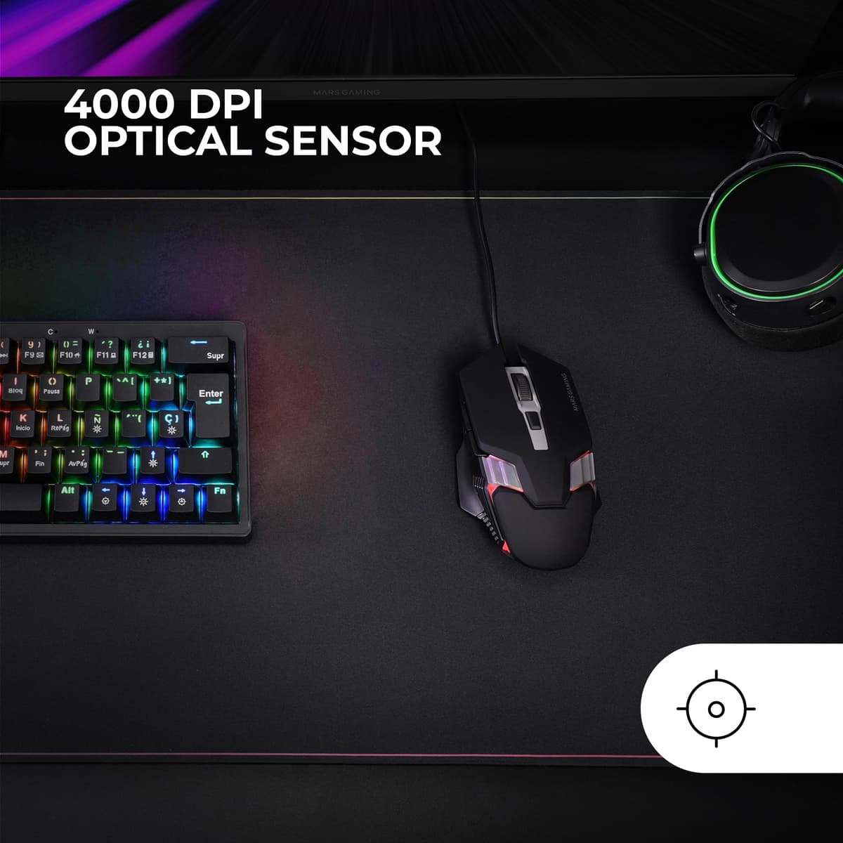 Mars Gaming MM024, Ratón Gaming RGB, Sensor Óptico 4000 dpi, Switches Mecánicos Huano, Iluminación RGB Flow, Ajuste On-The-Fly 1200/2400 / 3200/4000 dpi, Compatibilidad Multiplataforma, Negro — view 3