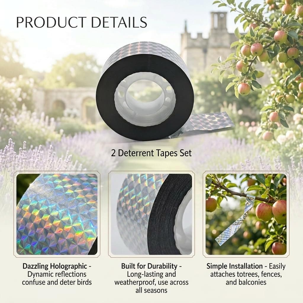 2 Rollo Cinta Adhesiva Aves Doble Cara 80 m x 2,4 cm Cinta Espantapájaros Anti Palomas para Proteger Jardines Patios y Plantas Holográfica Reflectante Exterior Repelentes para Pájaros — view 5