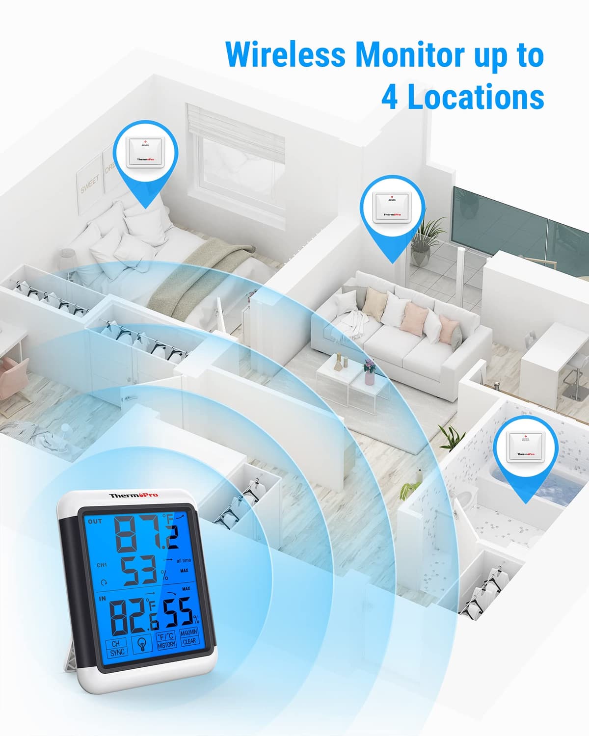 ThermoPro TP65C Digital Wireless Hygrometer Indoor Outdoor Thermometer Wireless Temperature and Humidity Monitor with Touchscreen Backlight Weather Station, 500 Feet or 150 Meter Range — view 3
