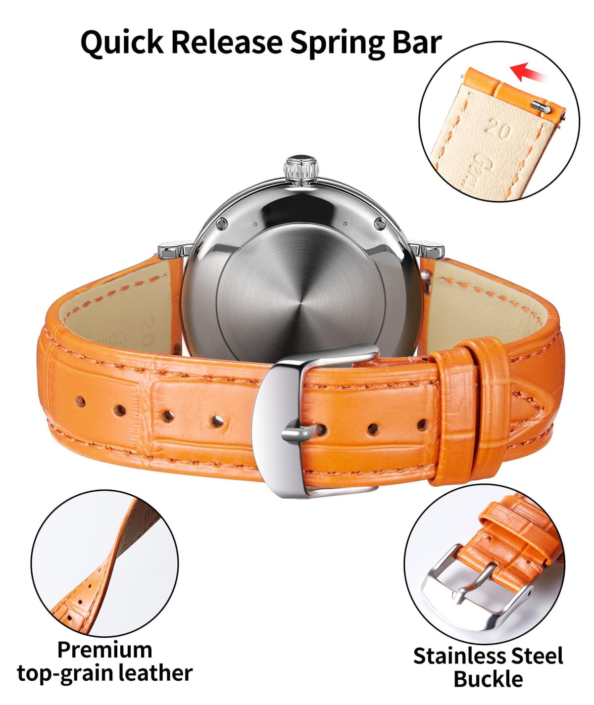 BINLUN Quick Release Leather Watch Straps Replacement Watch Bands Smart Watch Strap Crocodile Pattern in 10 Colors 13 Sizes with Silver/Gold/Rose-Gold Buckle for Men Women(10mm-24mm) — view 57