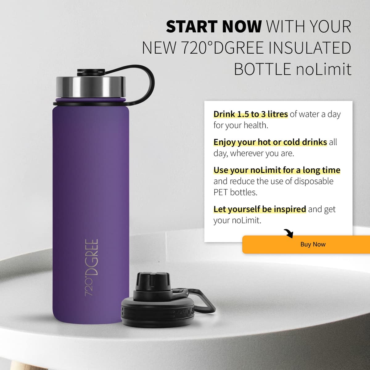 720°DGREE Botella Agua Termo Acero Inoxidable “noLimit“ – 410ml, 530ml, 710ml, 950ml, 1200ml - Sin BPA Free, Antigoteo y Prueba de Fugas - Frasco térmico, Cantimplora Aislada +Cubierta Deportes Gratis — view 5