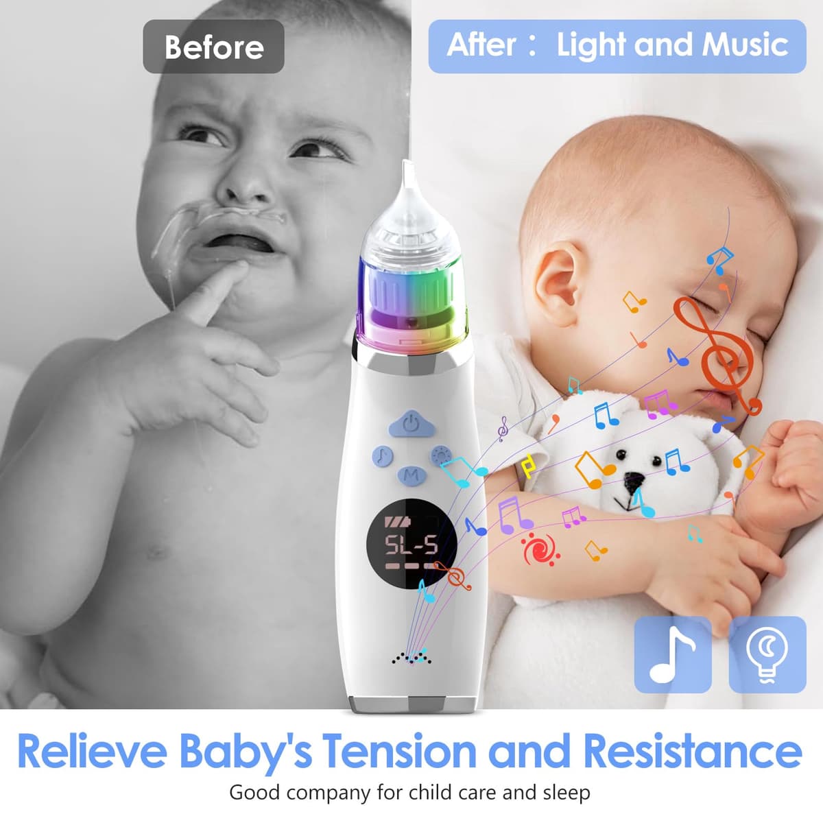 Aspirador Nasal Eléctrico, Limpiador Nasal bebe Electrico, Sacamocos Bebe Electrico, 5 Niveles de Succión & 3 Puntas de Silicona, con Relajante de Música para Niños — view 4
