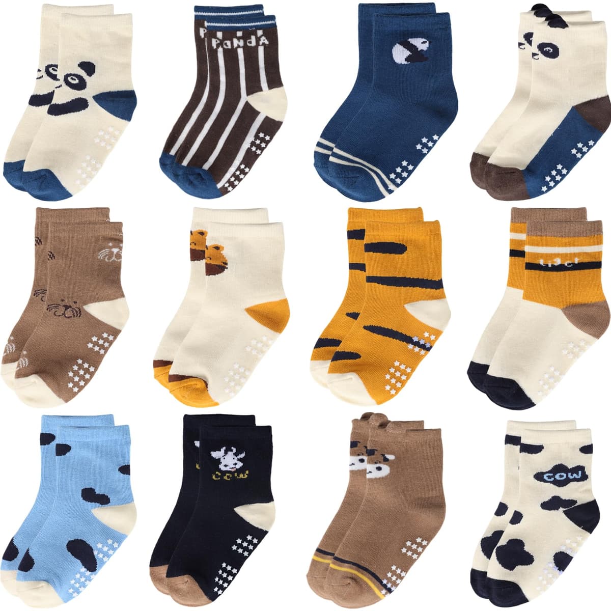 12 Pares de Calcetines Antideslizantes para Niños Niñas Recien Nacido Unisex Pequeños Algodón Lindo con Puños Calcetines Antideslizantes para Bebés