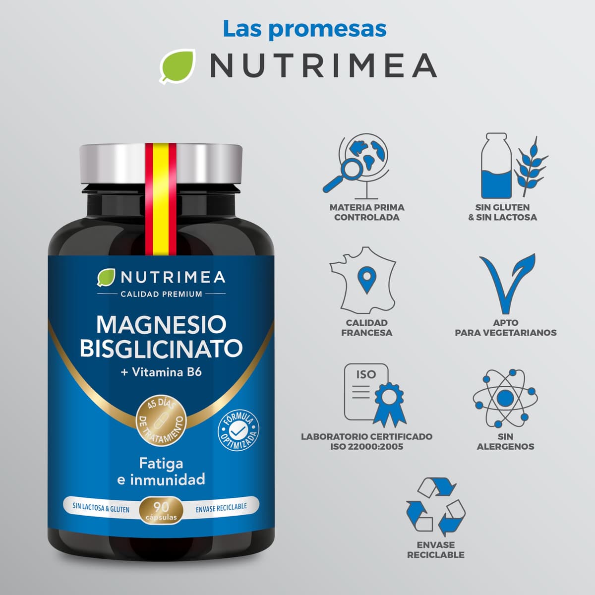 Magnesio Bisglicinato + Vitamina B6 Activa - Máxima Absorción y Tolerancia - Estrés, Fatiga y Calambres - Apoyo Muscular y Nervioso - Vegano, Sin Gluten ni Lactosa - 90 Cápsulas - Nutrimea — view 7