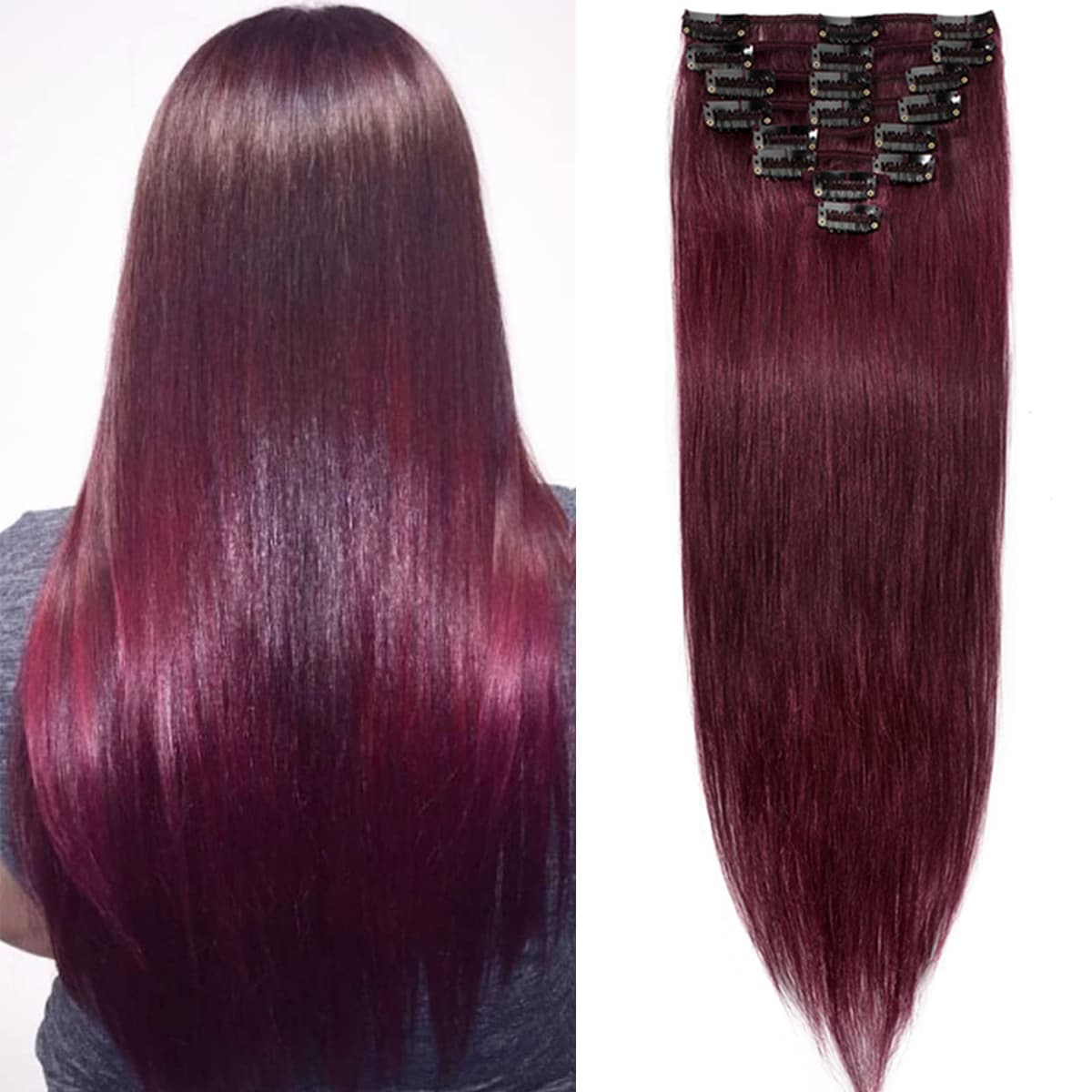 16"(40cm) SEGO Extensiones de Clip de Pelo Natural [#99J Borgoña] Remy Cabello Humano Balayage 8 Piezas 18 Clips Lisas Invisibles Human Hair (65g)