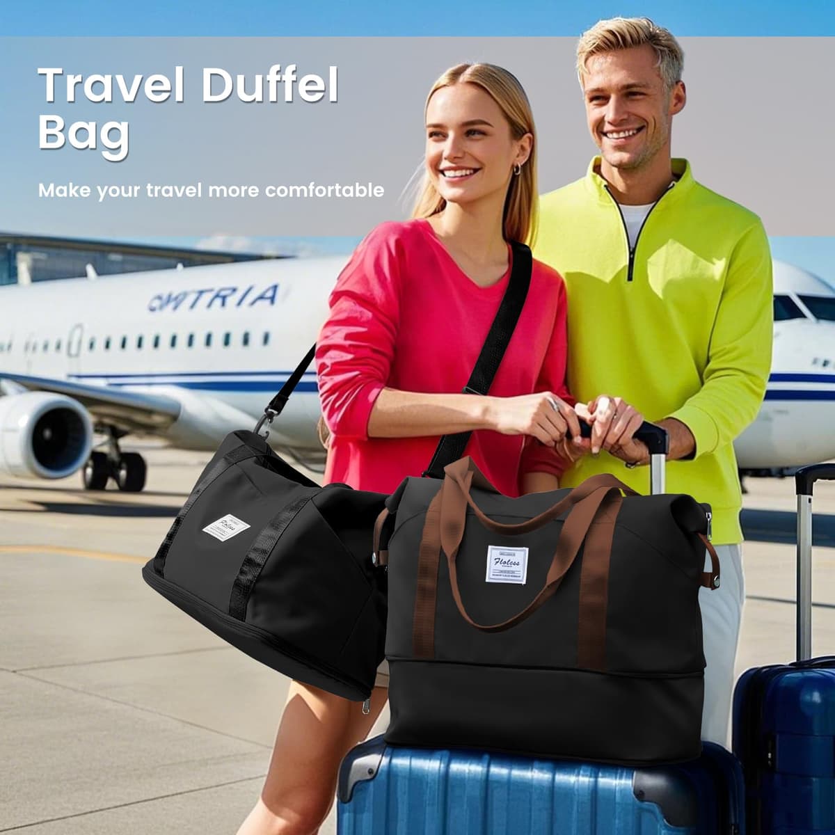 SZLX Travel Duffel Bag Weekend Bag with Trolley Sleeve,Ryanair Cabin Bag 40x30x20 Duffel Bag Wizzair,Dry & Wet Seperated Sports Gym Bag Waterproof Carry On Bag for Women Men Hospital Tote(Black Brown) — view 3