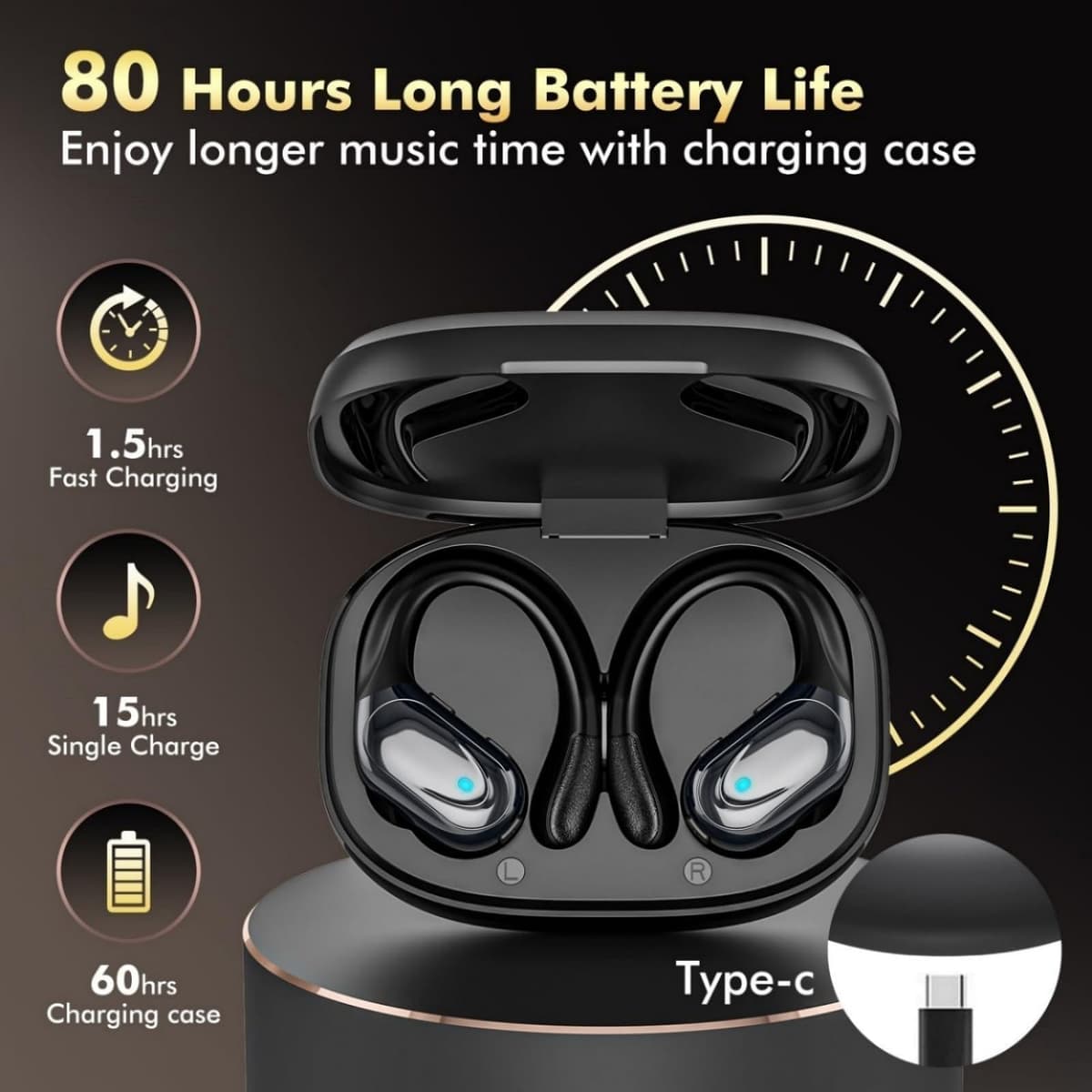 HAOYUYAN Wireless Earbuds, Sports Bluetooth Headphones, 80Hrs Playtime Ear Buds with LED Power Display, Noise Canceling Headset, IPX7 Waterproof Earphones for Workout/Running — view 4