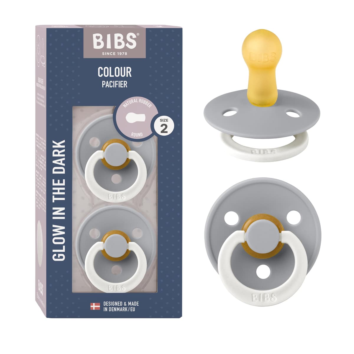 BIBS Colour Soother 2-Pack, BPA Free Dummy Pacifier, Round Nipple. Natural Rubber Latex, Size 2 (6-18 Months), Sky Blue/Steel Blue — view 128