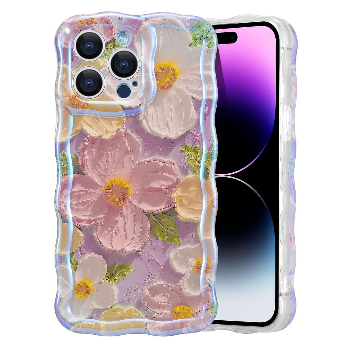 EYZUTAK Case for iPhone 16, Colorful Retro Oil Painting Printed Flower Laser Glossy Pattern Cute Curly Wave Edge Exquisite Phone Cover Stylish Durable TPU Protective Case for Girl Women-Green — view 36