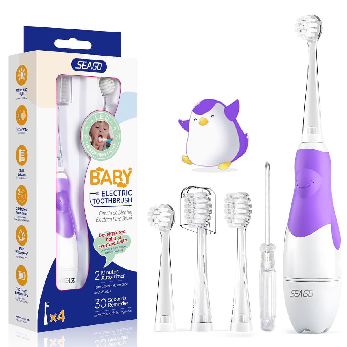 Seago Cepillo de Dientes Infantil Eléctrico Para Niños 3–12 Años Kids Con Luz de Colores,Temporizador Inteligente de 2 minutos,4 Cabezales Suaves SG-EK6/SG-977 (Rosa) — view 19