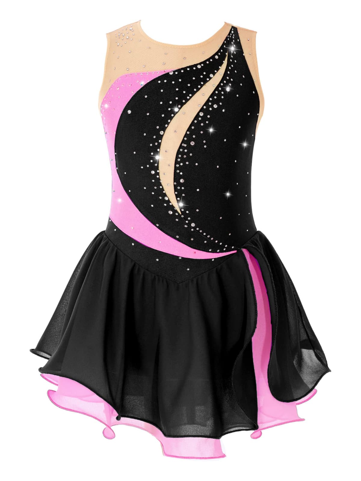 IEFIEL Vestido de Patinaje Artístico para Niña Maillot Ballet con Falda Malla de Gimnasia Rítmica sin Mangas con Lentejuelas Brillantes Vestido de Danza Lírica — view 17