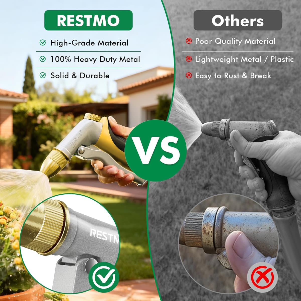 RESTMO High Pressure Hose Pipe Spray Gun, 100% Metal Garden Hose Gun with Solid Brass Head, Adjustable Water Flow, 4 Spray Patterns, Ideal for Car Washing, Gardening, Patio & Window Cleaning, Yellow — view 7