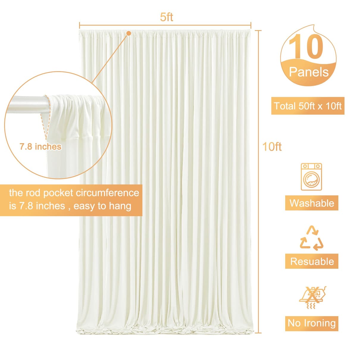 50ft x 10ft Ivory Backdrop Curtain for Wedding Ivory Wrinkle Free Backdrop Drapes Panels for Parties Baby Shower Bridal Shower Birthday Photo Photography Polyester Fabric Background Decoration — view 5