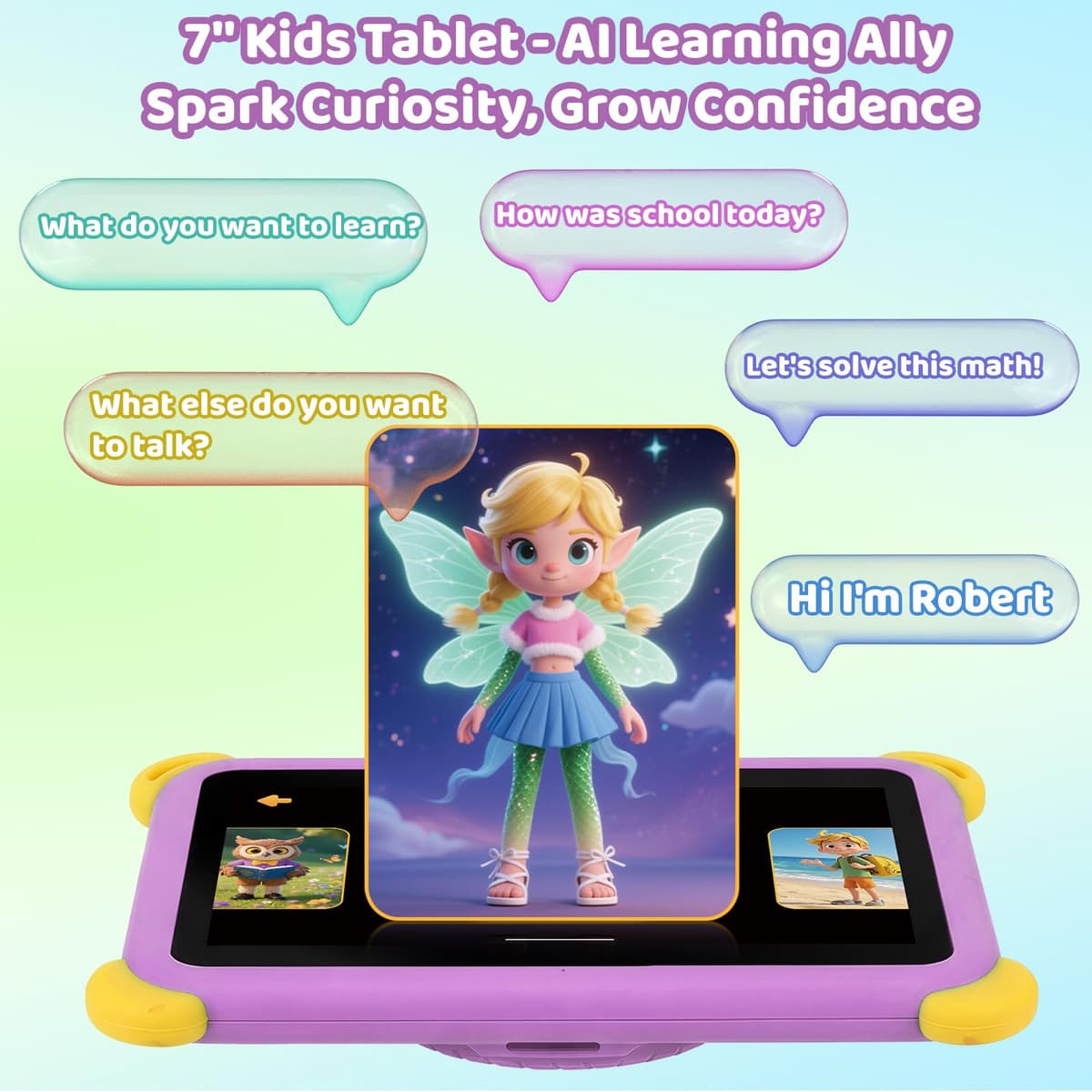 Kids Tablet 7 inch Android 15 Tablet for Kids, 20GB+64GB (TF 1TB), Android Tablet with Parental Control, AI Dual Cam & Learning, WiFi 6/BT 5.3, Widevine L1, Kid Tablet with Protective Case - Purple — view 3