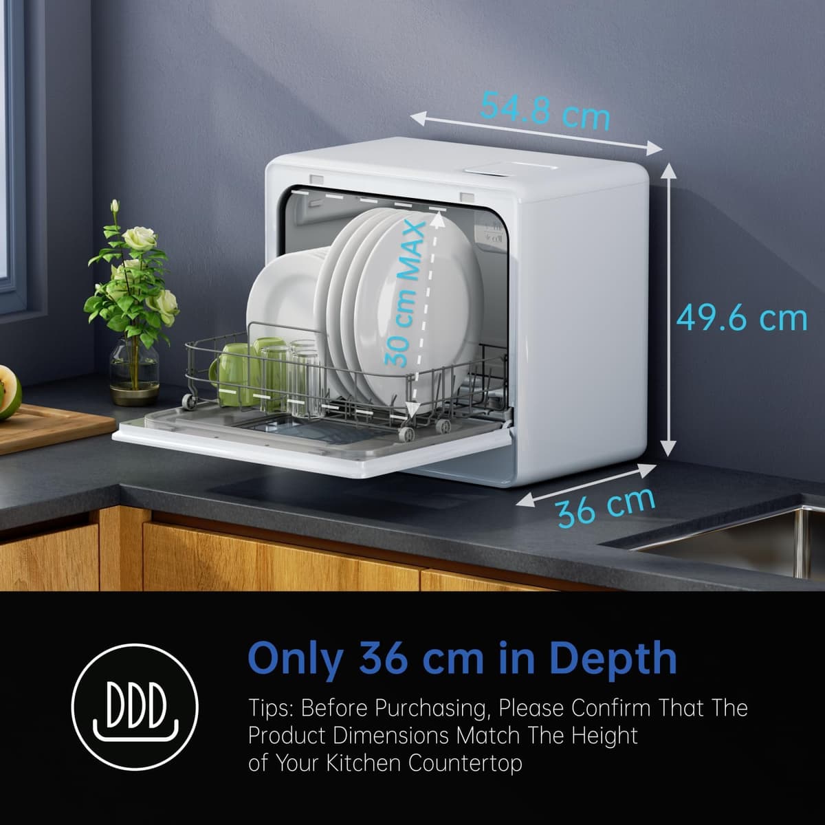 AIRMSEN 2025 NEW Upgraded Table Top Dishwasher with Soft Water Salt Function, Portable Countertop Dishwasher with 9 Programs & 5L Tank, 2-12H Delay Start & 360° Triple Spray Arms, White — view 3