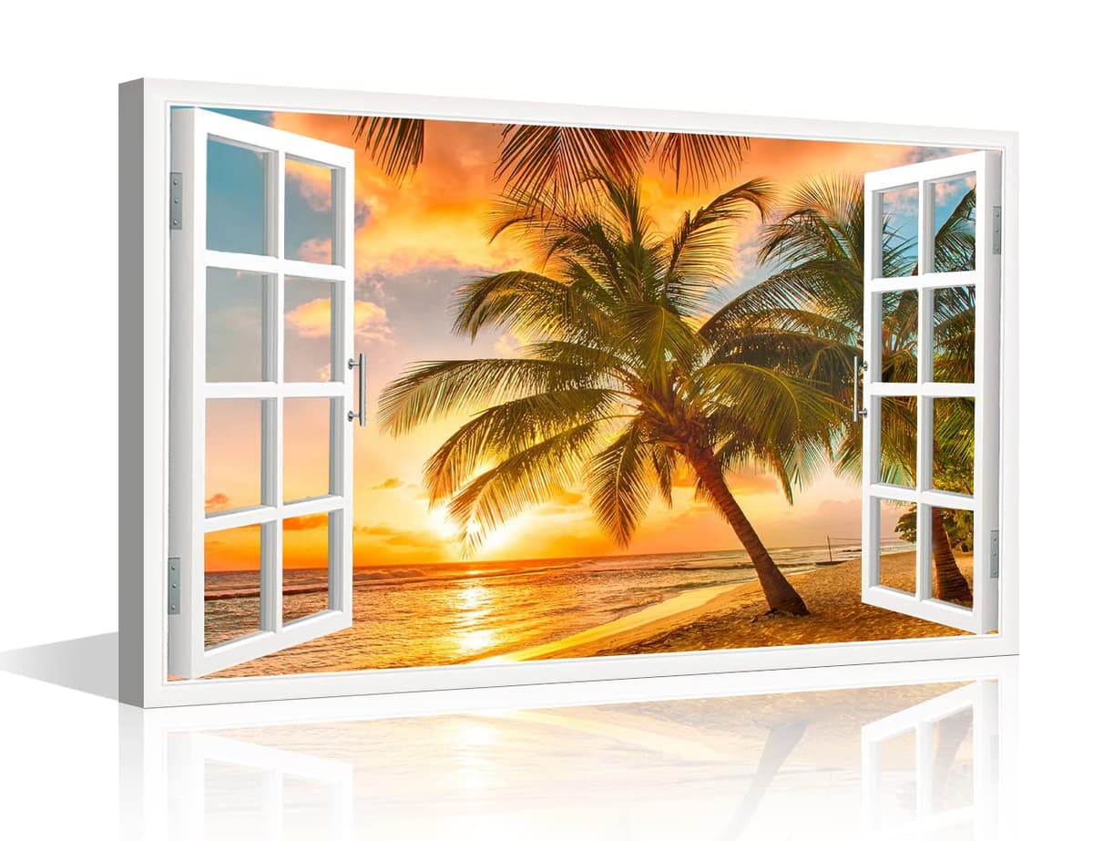 TISHIRON 3D Window View Seaside Effect Canvas Wall Art Prints for Living Room Bedroom Decor Office Kitchen Home Decoration Framed Ready to Hang 12x18inch — view 8