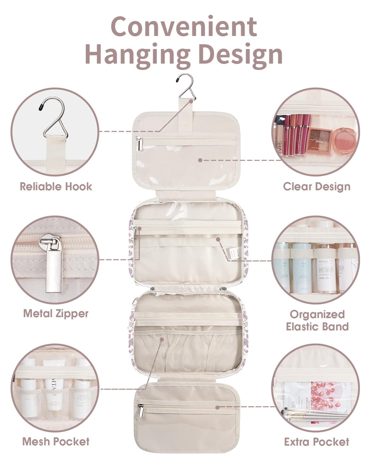 Narwey Hanging Travel Toiletry Bag for Women Wash Bag Cosmetics Makeup Bag Organizer for Travel Size Accessories (Little Dusty Pink Flower (Medium)) — view 4