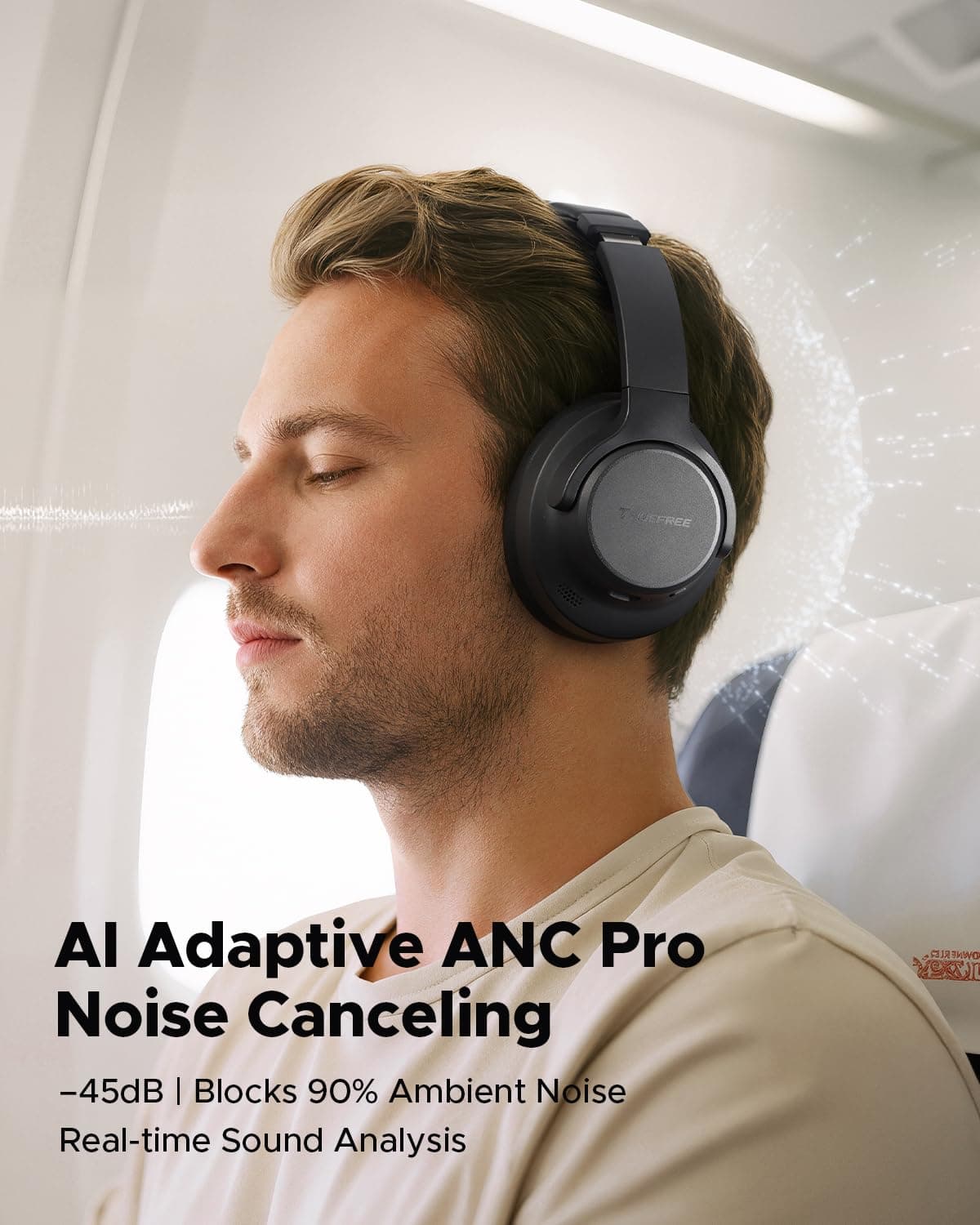 Truefree HF10 Hybrid Active Noise Cancelling Headphones, Wireless Over Ear Bluetooth 6.0 ANC Headset, 125 Hours Playtime, Spatial Audio, Deep Bass, App Custom EQ, Dual Connection, Comfort Fit Ear Cups — view 2