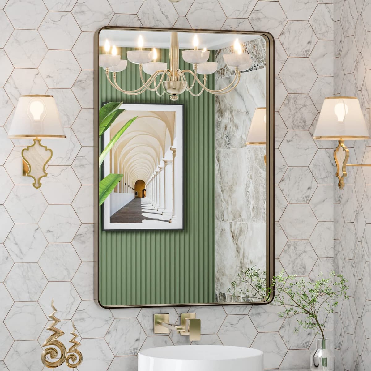 LOAAO 48”X36” Gold Bathroom Mirror, Rounded Rectangle Gold Frame Mirror, Brushed Gold Bathroom Vanity Mirror Wall-Mounted, Anti-Rust, Tempered Glass, Hangs Horizontally or Vertically — view 16