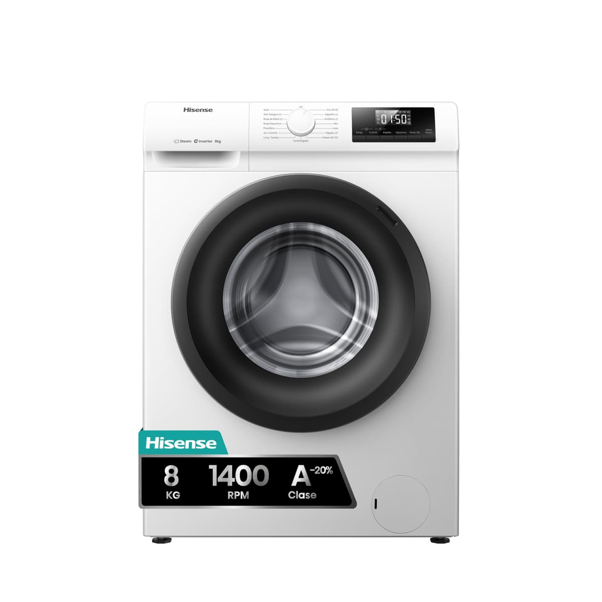 Hisense WF1Q8041BW2 - Lavadora, Clase A, 8 Kg, 1400 rpm, Alto 85 cm x Ancho 60 cm, Color Blanco, Función Vapor 99,9%, Lavado Rápido+, Lavado Automático, Finalización Diferida, Tecnología Inverter