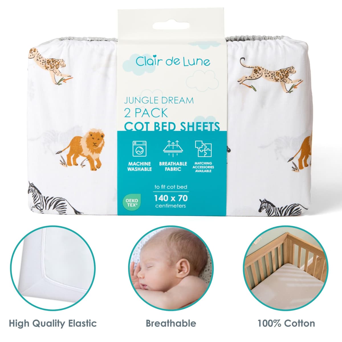Clair de Lune Jungle Dream 2 Pack Fitted Cot Bed Sheets - 140 x 70 cm — view 3