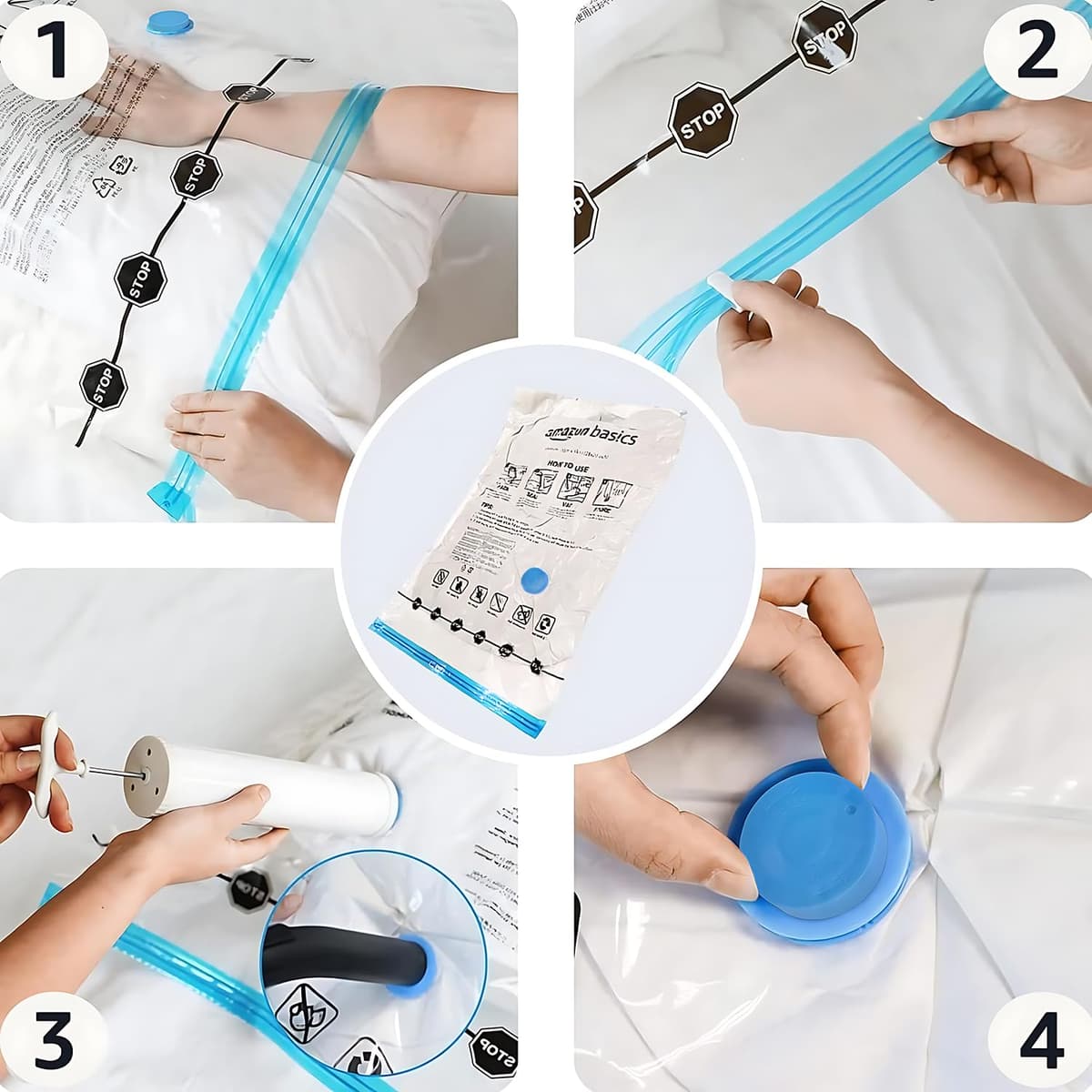 Amazon Basics Paquete de 6 bolsas de vacío para almacenamiento de ropa, incluyen bomba manual de vacío, con cremallera, tamaño extragrande,Jumbo, Transparente