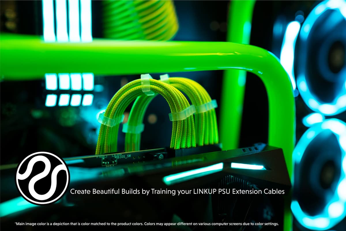 LINKUP - AVA 30cm PSU Cable Extension Sleeved Custom Mod GPU PC Braided w/Comb Kit | 1 x 24 P (20+4) | 1 x 8 P (4+4) CPU | 2 x 8 P (6+2) GPU set | 300mm - Green — view 4