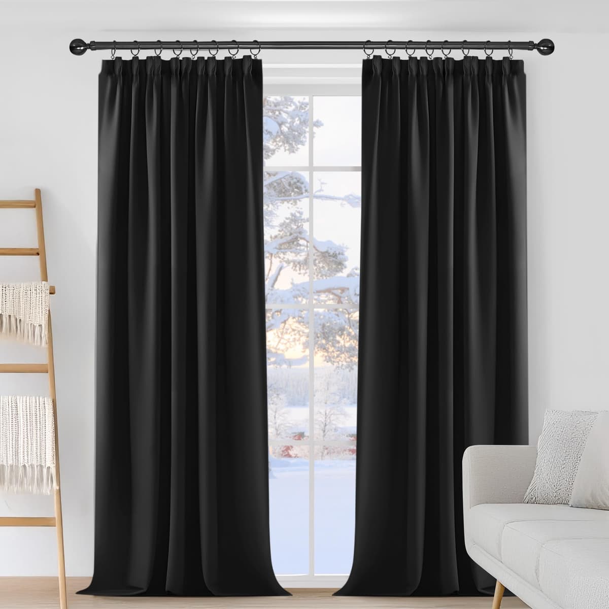 Deconovo Super Soft Black Out Curtains Thermal Insulated Pencil Pleat Blackout Curtains for Living Room 46 x 54 Black 2 Panels — view 3