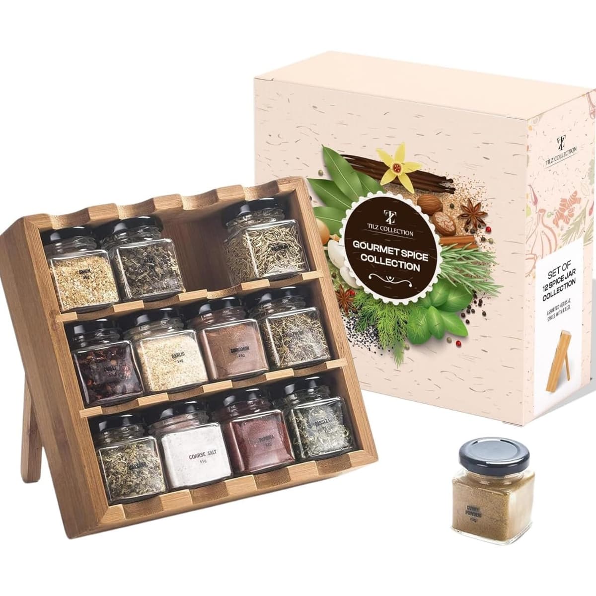 Spice Rack - 12 Herbs and Spices for Cooking, Spice Gift Set, Premium Wooden Spice Rack With Spices Included, Herbs, Spices & Seasonings |House Essentials For New Home |Space Saving, Spice Organiser — view 9
