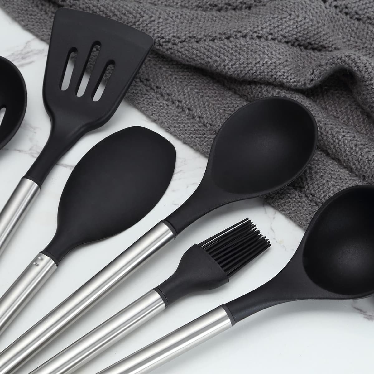 38 Pieces Kitchen Utensils Set, BEWOS Silicone Cooking Utensils Set with Spatula, Utensil Holder and Measuring Spoons, Nonstick Heat Resistant, Black Kitchen Gadgets, Stainless Steel Handle — view 4