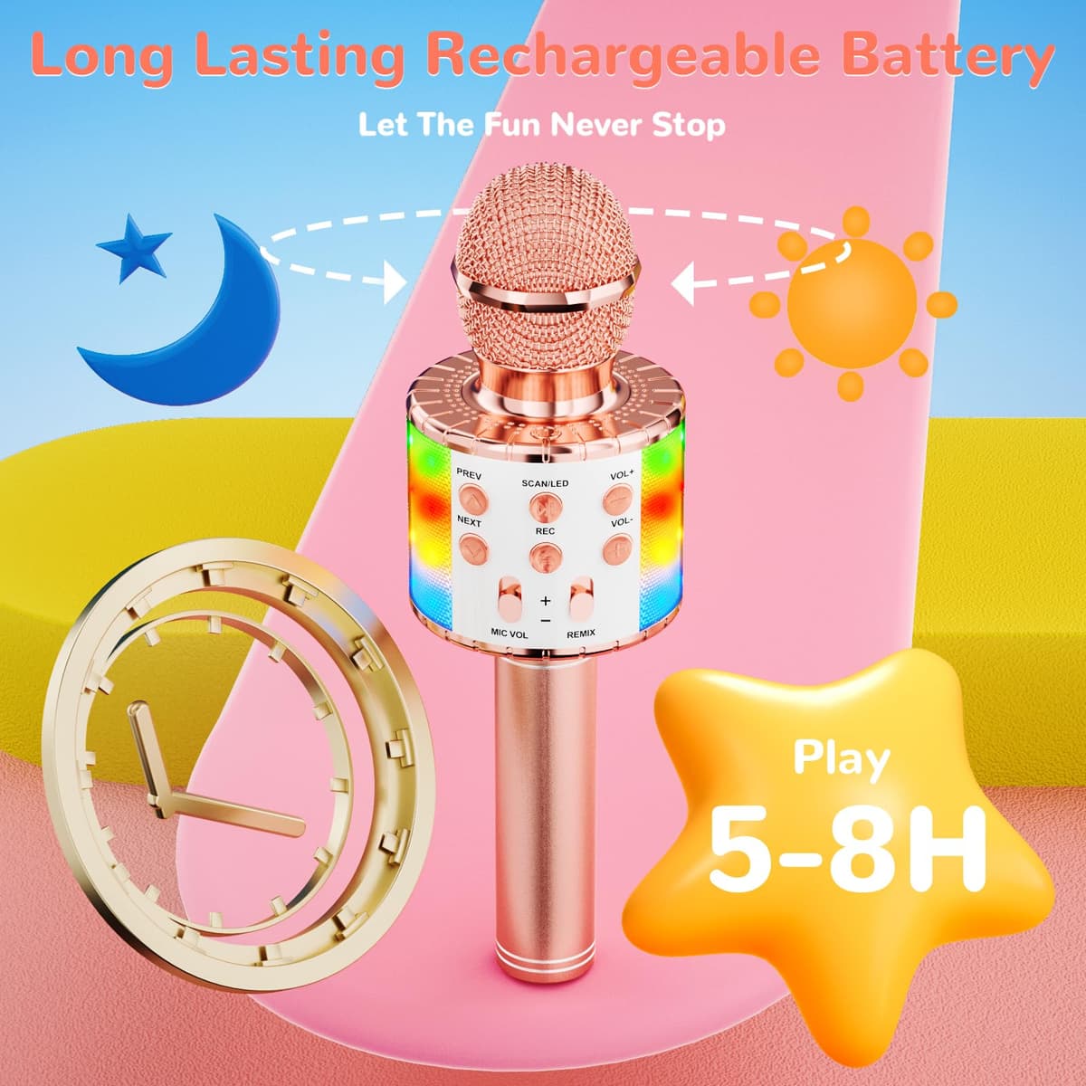 Ankuka Micrófono Karaoke Bluetooth Micrófono Inalámbrico para Niña con Luces LED Regalo Juguetes para Niños, Cambiador de Voz, Compatible con Android, iOS, PC Oro Rosa — view 5