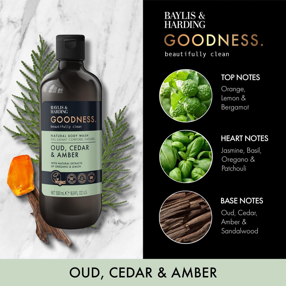 Baylis & Harding Goodness Oud, Cedar and Amber Body Wash, 500 ml (Pack of 3) - Vegan Friendly — view 3