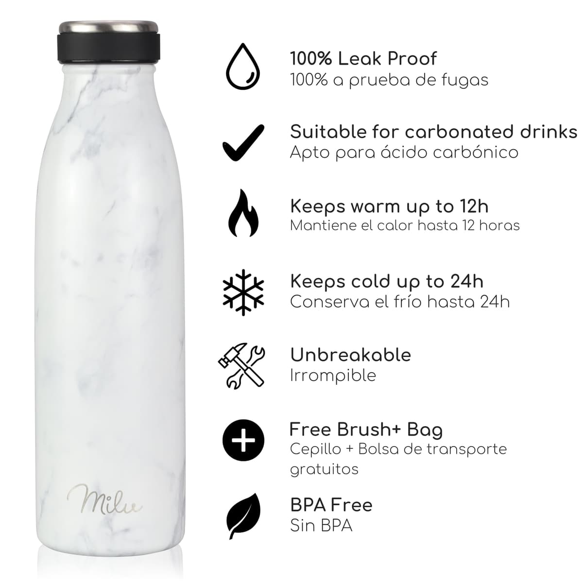 Milu Botella de acero inoxidable de 350ml 500ml 750 ml 1 L 1,5 L botella de agua aislada, termo a prueba de fugas, doble pared, apta para ácido carbónico + cepillo de limpieza (Azul Violeta, 350ml) — view 235