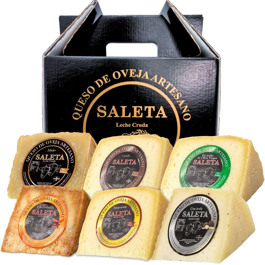 SALETA® Cesta Quesos Gourmet Regalo | Queso Oveja de La Mancha | 6 Cuñas Queso Semicurado, Curado, con Guindilla, Trufa, Añejo y en Aceite de Oliva Virgen Extra | "Pack Tentaciones 1,5Kg"