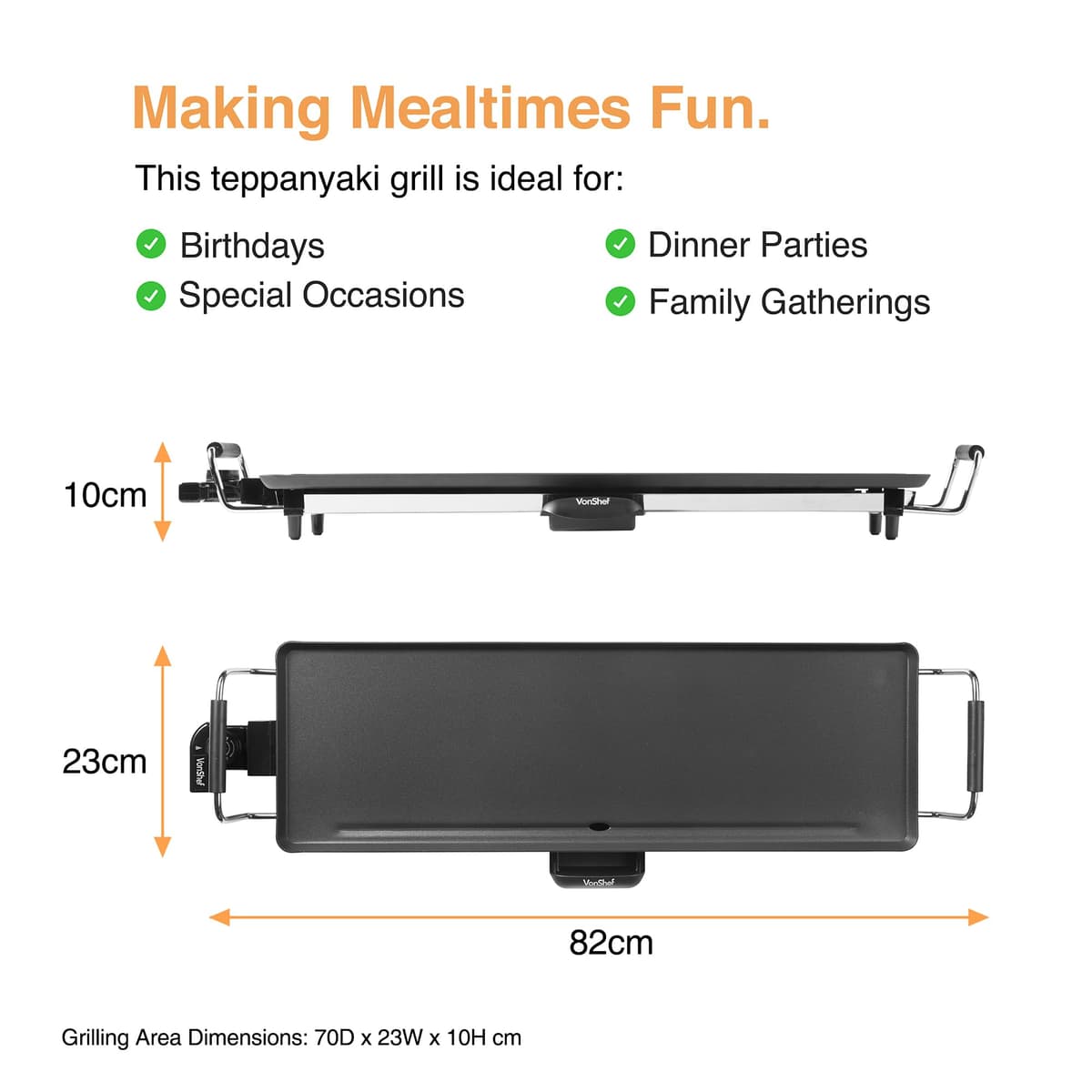 VonShef Teppanyaki Grill XL - 2000W Electric Griddle with Non-Stick Plate, Easy Clean BBQ Table Top Grill, Adjustable Temperature, Oil Drip Tray & 8 Spatulas - Meat, Vegetables & Fish, 70x23x10cm — view 3