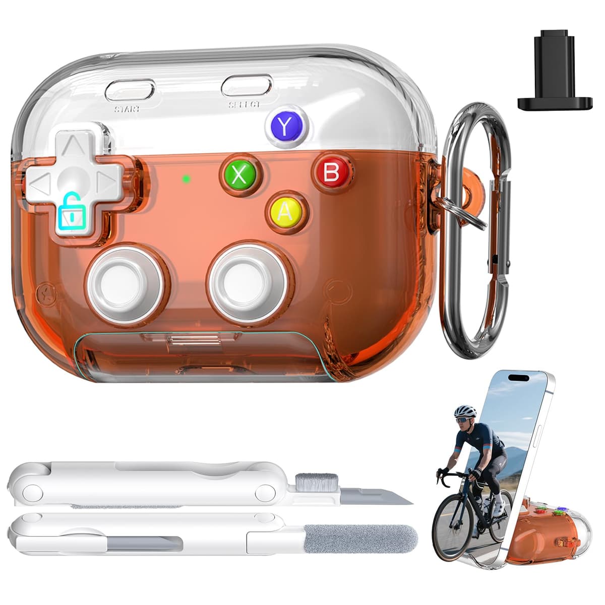 RFUNGUANGO - Funda para AirPods Pro 3 con Cierre y Kit de Limpieza, Transparente, rígida, para Videojuegos, con Soporte para teléfono Integrado, antigolpes （Naranja）