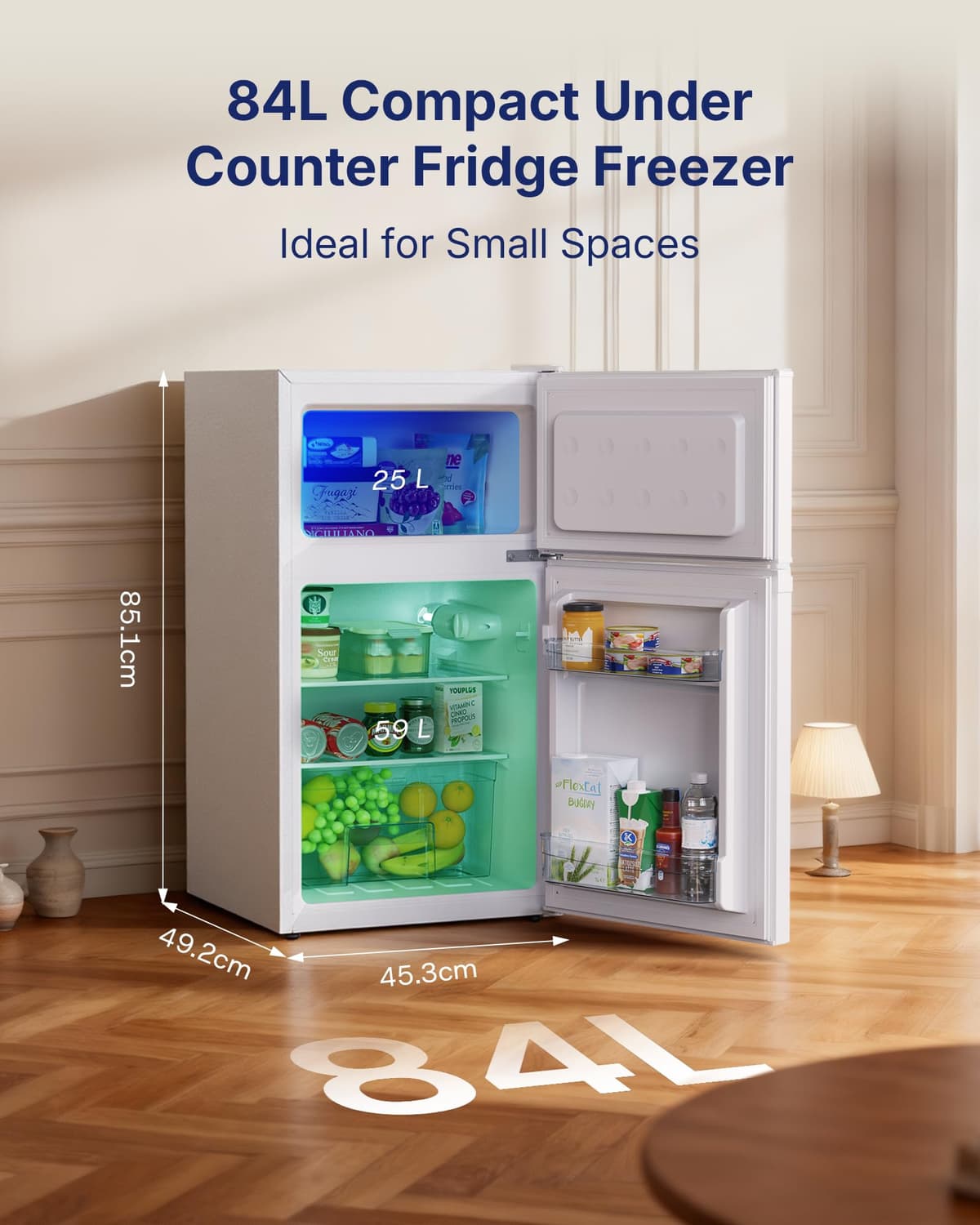 Upstreman 84L Under Counter Fridge Freezer, Small Refrigerator with Freezer, 39dB Quiet & LED Lighting, Freestanding Fridge with Reversible Doors, TM84 White — view 2