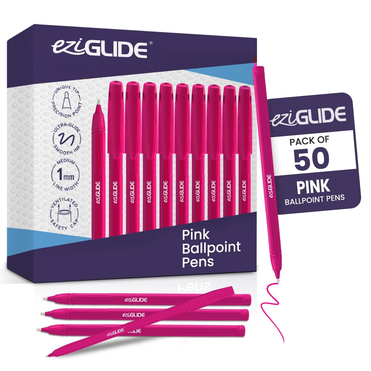 Eziglide 10-Pack Ballpoint Purple Pen Set - Medium Point 1.0mm for Effortless Writing & Comfortable Grip - Ball Point Pens Ideal for School, Exams, Home or Work Stationery Supplies — view 16