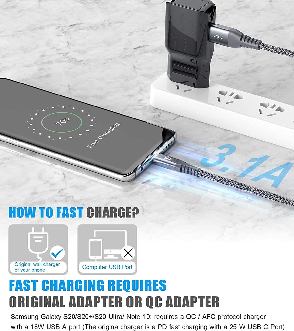 2-Pack 2M USB C Cable 3.1A Fast Car Charger Cable Compatible for iPhone 17 air 16 15 Plus Pro Max, Samsung Flip/Fold 7 6 5 4 3 S26 S25 S24 S10 S20 S21 S22 S23 A16/15/14/13/12 A35/A34 A56/55/54, Pixel — view 2